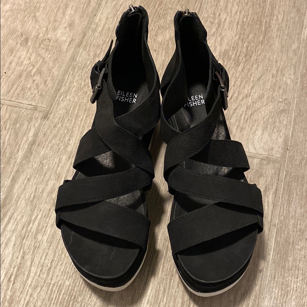 Eileen Fisher Black Minimalist Sandals with Elastic Straps